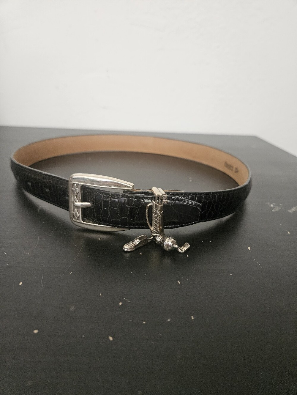 Women’s Brighton Golf Charms Alligator Embossed Black Leather Belt Sz small 28